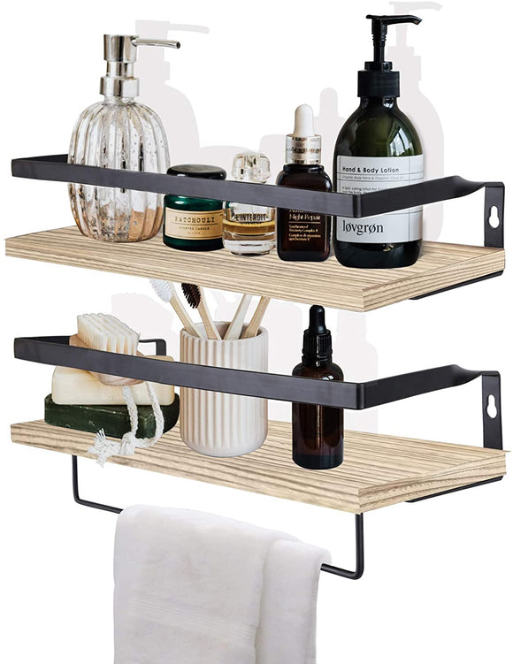 HANTAJANSS Floating Shelves Wall Mounted Set of 2, Decorative Wall Storage Shelf Organizer with Removable Towel Holder for Bedroom, Bathroom, Kitchen, Office（Natural）