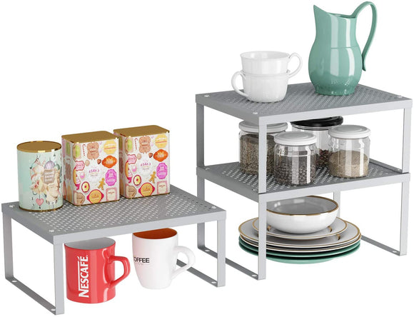 AIYAKA 2-Pack Kitchen Cabinet and Counter Shelf Organizer Expandable Stackable Shelves,Silver