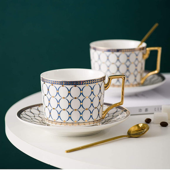 CwlwGO-European Style Cup and saucer set, 6.8 Oz bone China beautifully glazed white Gold Tea Cup and saucer, golden spoon, Mug, Cappuccino, Latte, MOCHA, espresso, modern design. （2 SETS)