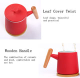 Ceramic Tea Cup with Infuser、saucer and Lid Tea Mugs Wooden Handle 12 oz（Red）