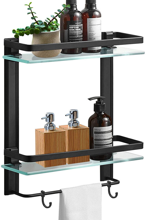 Hoimpro Bathroom Lavatory Glass Shower Shelf, Tempered Glass 2 Tier Shelves with Towel Bar Wall Mounted Shower Storage, Square Style, Heavy Duty Aluminum/Matte Black