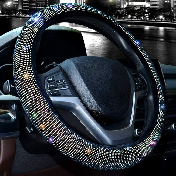 Valleycomfy Steering Wheel Cover for Women Bling Bling Crystal Diamond Sparkling Car SUV Wheel Protector Universal Fit 15 Inch (Black with Colorful Diamond,Standard Size(14