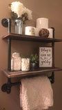 Industrial Pipe Bathroom Shelves Wall Mounted 2-Shelf,Rustic Pipe Shelving Wood Shelf with Towel Bar,Pipe Floating Shelves Towel Holder