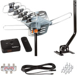 FiveStar Outdoor HD TV Antenna Strongest Up to 150 Miles Long Range with Motorized 360 Degree Rotation, UHF/VHF/FM Radio Infrared Remote Control with Mounting Pole & 40FT RG6 Coax Cable Support 2 TVs