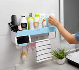 Adhesive Bathroom Shelf with Towel Bar, Volpone Stick on Bathroom Kitchen Storage Organizer with Hooks, Suction Shower Shelf Wall Caddy with Phone Holder No Drilling(Blue)