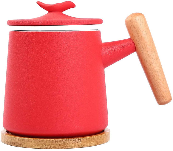 Ceramic Tea Cup with Infuser、saucer and Lid Tea Mugs Wooden Handle 12 oz（Red）