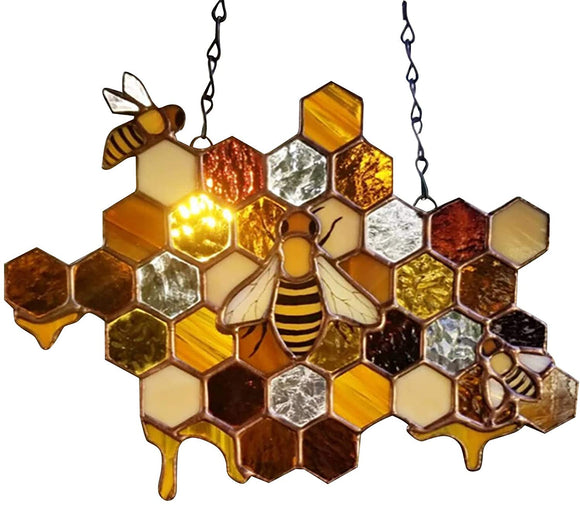Happy Bumble Bee Signs, Bee Day Party Porch Indoor Outdoor Wall Hanging Decorations,Bee Day Banner with Gold Bee Honey,Garden Accents Yard Fence 3D Iron Art Sculpture Ornaments (A 10.2x5.9inch)