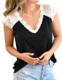 Women Crochet Lace Basic V-Neck T-Shirt Short Sleeve Loose Fitting Tunic