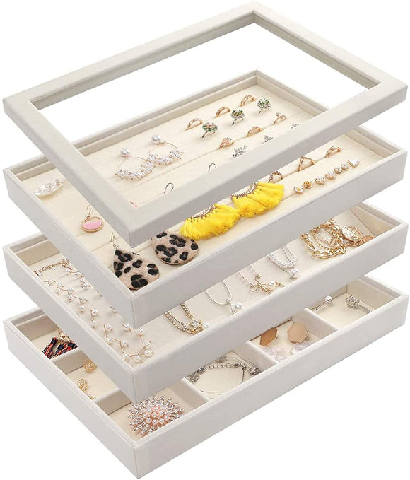Mebbay Stackable White Velvet Jewelry Trays Organizer Set with Clear Lid Jewelry Storage Display Trays for Drawer, Earring Necklace Bracelet Ring Organizer, Set of 4