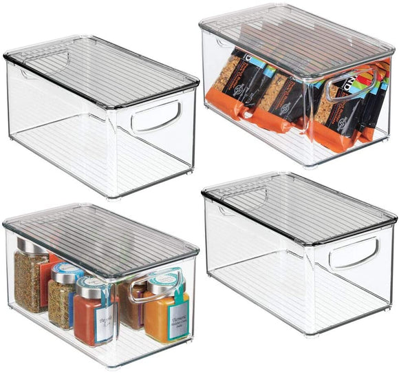 mDesign Plastic Stackable Kitchen Pantry Cabinet, Refrigerator, Freezer Food Storage Box with Handles, Lid - Organization for Fruit, Jars, Snacks, Pasta - 10
