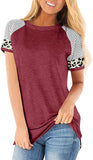 Women's Summer Short Sleeve Leopard Patchwork Striped T-Shirt