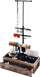 Jewelry Organizer Stand Display Tree - Earring Stand Holder Necklace Organizer - Metal Wood Jewelry Tower for Rings Bracelets Watches - Countertop 3 Tier Jewelry Stand with Black Velvet Storage Drawer