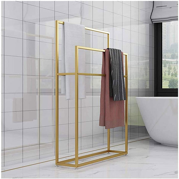 Towel Rack Towel Holder Stands for Bathrooms Free Standing with 2 Towel Rails Towel Drying Shelf with Rust-Resistant Finish for Bath Hand and Face Towels,Gold,75x20x110cm