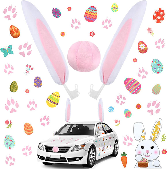 Frienda 3 Pieces Car Bunny Ears Nose Decorations and 3 Sheets Easter Egg Sticker Easters Rabbit Egg Window Decals Bunny Paw Print Stickers for Auto Easter Party Decoration