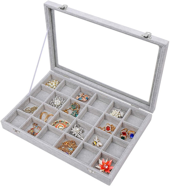 Stylifing Clear Lid Velvet 24 Grid Jewelry Tray Transparent Jewelry Display Showcase Lockable Felt Jewelry Storage Organizer Charm Box Holder Gifts for Girls Women