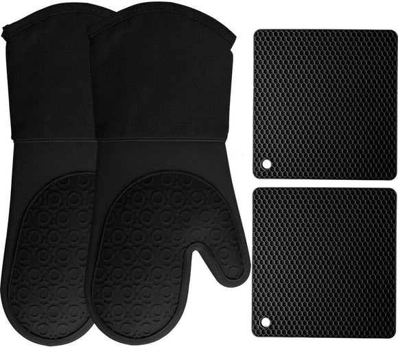 HOMWE Silicone Oven Mitts and Pot Holders, 4-Piece Set, Heavy Duty Cooking Gloves, Kitchen Counter Safe Trivet Mats, Advanced Heat Resistance, Non-Slip Textured Grip (Black)