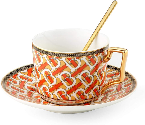 European Style Cup and saucer set, 6.8 Oz bone China beautifully glazed white Gold Tea Cup and saucer, golden spoon, Mug, Cappuccino, Latte, MOCHA, espresso, modern design. (yellow)