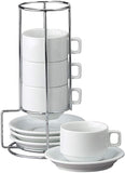 HIC 9-Piece Stackable Cappuccino Coffee Tea Set, Fine White Porcelain, Set Includes 4 (7-Ounce) Cups with Matching Saucers and Metal Stand, Gift Boxed