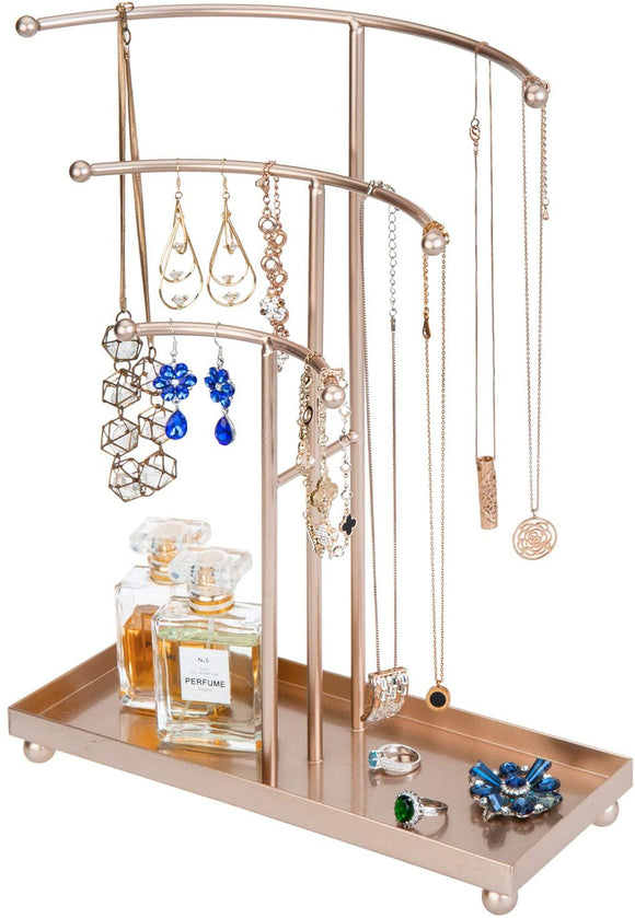 MyGift 3-Tier Rose Gold Metal Tabletop Curved T-Bar Jewelry Necklace Stand with Ring Tray