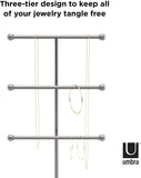 Umbra 299330-491-REM Trigem Hanging Organizer – 3 Tier Table Top Necklace Holder, Box Display with Jewelry Tray Base, One Size, Nickel