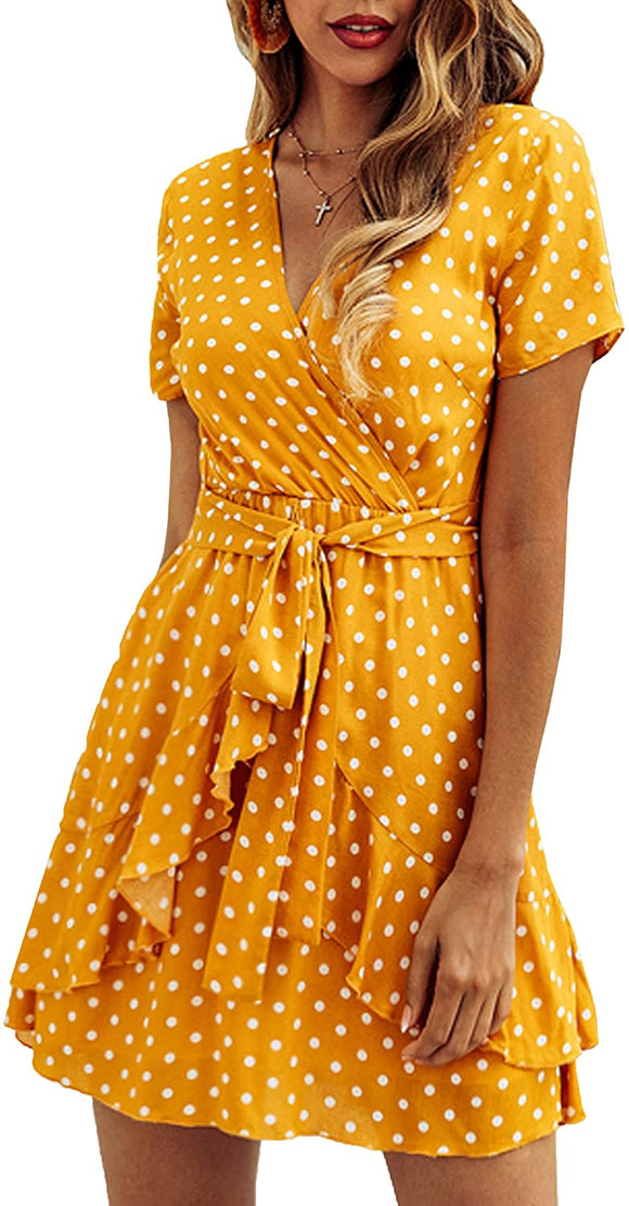 Womens Dresses V Neck Polka Dot Ruffles Mini Sexy Dress Short Sleeve Summer Dresses with Belt