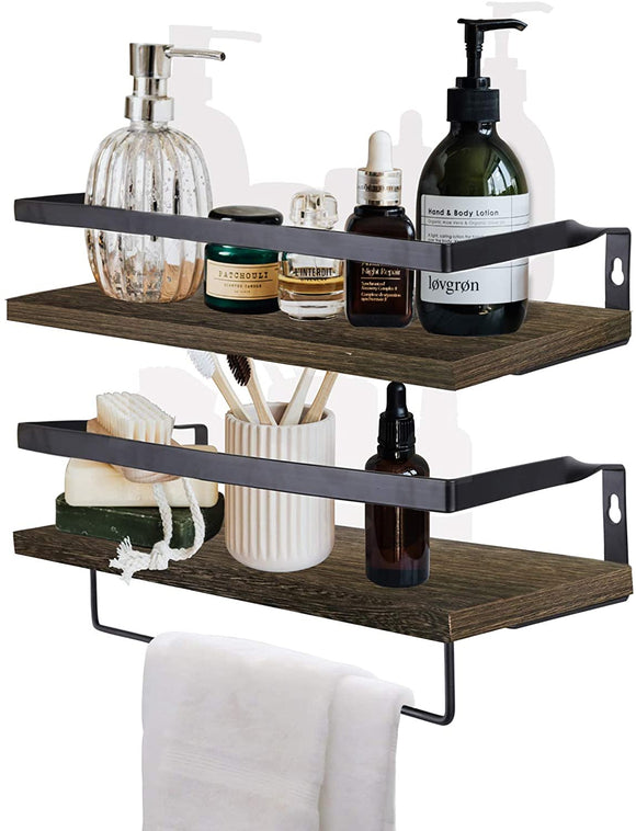 HANTAJANSS Floating Shelves Wall Mounted Set of 2, Decorative Wall Storage Shelf Organizer with Removable Towel Holder for Bedroom, Bathroom, Kitchen, Office（Brown）