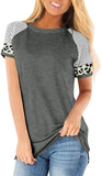 Women's Summer Short Sleeve Leopard Patchwork Striped T-Shirt