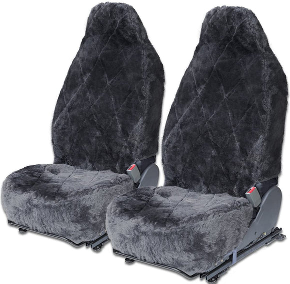 OxGord Sheepskin Seat Covers (Pack of 2) Wool Sheep Skin Shearling Car Accessories Best for Front Bucket Auto Seats Cover on Cars Truck SUV Van - Lambs Lambskin Gray Fleece Plush Cushion