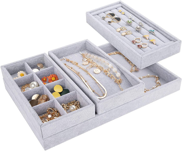Mebbay Drawer Organizer 4 in One Stackable Velvet Jewelry Trays Organizer, Bracelet Ring Storage (Grey)