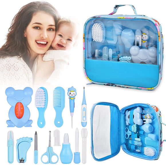 Baby Healthcare Grooming 14 Kits, 13In1 Baby Care Products Nail Clippers Trimmer Set, Newborn Essentials Stuff Shower Gifts, Comb Brush Thermometer Medicine Dispenser, Nursery Care First Aid Kit, Blue