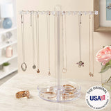 Clear Plastic Necklace Holder with 30 Individual Pegs and Divided Jewelry Tray