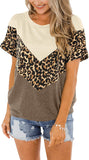 Women's Summer Short Sleeve Leopard Patchwork Striped T-Shirt