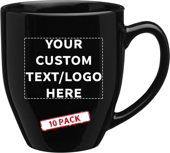 Large Mugs - 16 oz. - 10 pack - Customizable Text, Logo - Bistro Glossy Coffee Mug Set - Great Gift Cup for the Holiday - Black