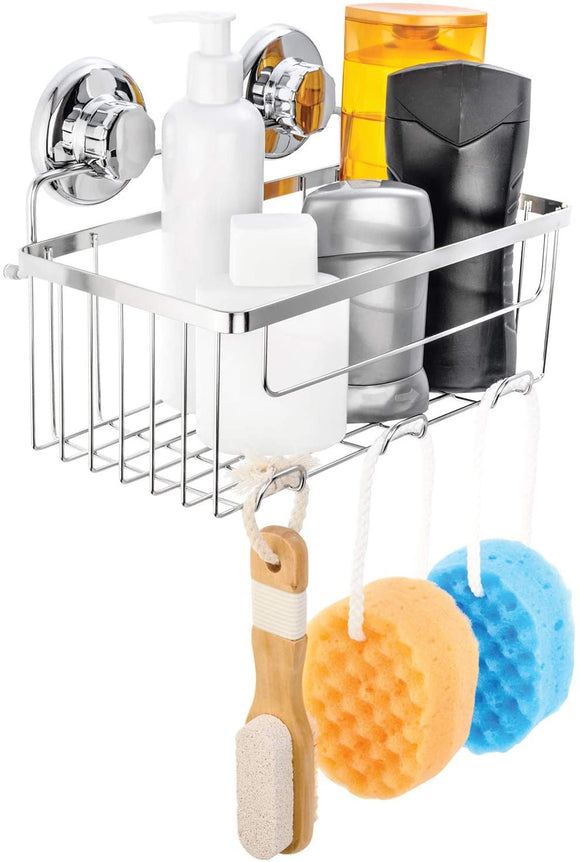 HASKO Accessories Vacuum Suction Cup Shower Caddy | Deep Basket Organizer for Shampoo with Hooks | Adhesive 3M Stick Discs | Holder for Bathroom Storage | Polished Stainless Steel SS304
