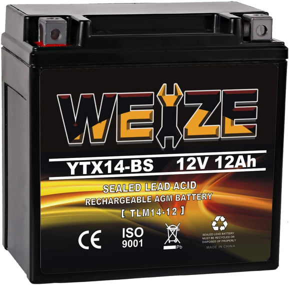 Weize YTX14 BS ATV Battery High Performance - Maintenance Free - Sealed AGM YTX14-BS Motorcycle Battery compatible with Honda Suzuki Kawasaki Yamaha scooter snowmobile
