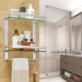 BESy Heavy Duty Lavatory Glass Bathroom Shelf, 2 Tier Tempered Glass Shower Shelves with Towel Bar Wall Mounted, Shower Storage 15 by 5 inches, Dull Polished Finish/Aluminum