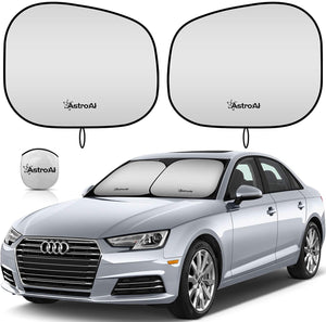 AstroAI 2-Piece Windshield Sun Shade - Windshield Shade Foldable Car Front Sunshield Blocks Max UV Rays, Titanium Silver Fabric Material, for Most Sedans SUV Truck(Medium Size 28 x 30.7 inches)