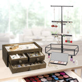 Jewelry Organizer Tower with Double-Layer Wooden Drawer Storage Box - 3 Tier Jewelry Stand for Necklaces, Bracelet, Earrings & Ring Jewelry Tree Jewelry Stand Organizer Metal & Wood