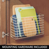 mDesign Metal Over Cabinet Kitchen Storage Organizer Holder or Basket - Hang Over Cabinet Doors in Kitchen/Pantry - Holds Bakeware, Cookbook, Cleaning Supplies - Satin