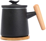 Ceramic Tea Cup with Infuser、saucer and Lid Tea Mugs Wooden Handle 12 oz（Red）