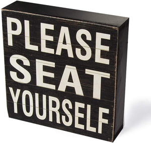 Yankario Farmhouse Funny Bathroom Signs Decor, Classic Wooden Box Sign 6" Square, Black/White Please Seat Yourself