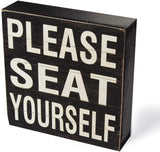 Yankario Farmhouse Funny Bathroom Signs Decor, Classic Wooden Box Sign 6" Square, Black/White Please Seat Yourself
