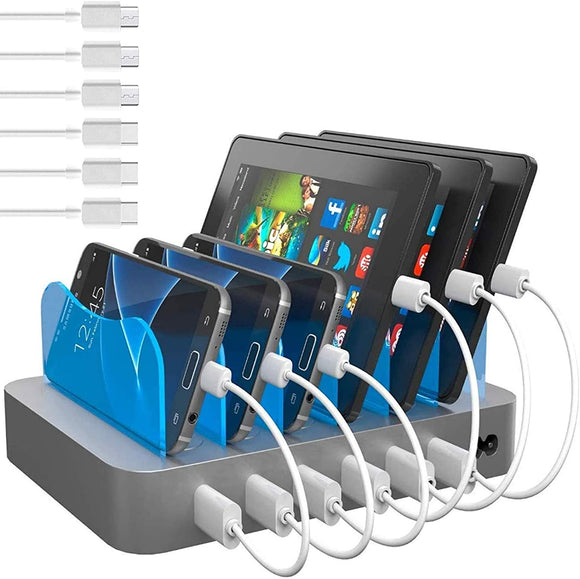 Hercules Tuff Charging Station for Multiple Devices (Silver) - 3 Short Type-C and 3 Short Micro USB Cables Included for Cell Phones, Smart Phones, Tablets, and Other Electronics
