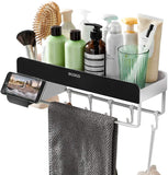 Adhesive Bathroom Shelf with Towel Bar, Volpone Stick on Bathroom Kitchen Storage Organizer with Hooks, Suction Shower Shelf Wall Caddy with Phone Holder No Drilling(Blue)