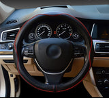 Valleycomfy Universal 15 inch Auto Car Steering Wheel Cover with Black Genuine Leather add Red Lines for X1 X3 X5 335i 535i HRV CRV Accord Corolla Prius,etc