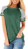 Women's Summer Short Sleeve Leopard Patchwork Striped T-Shirt