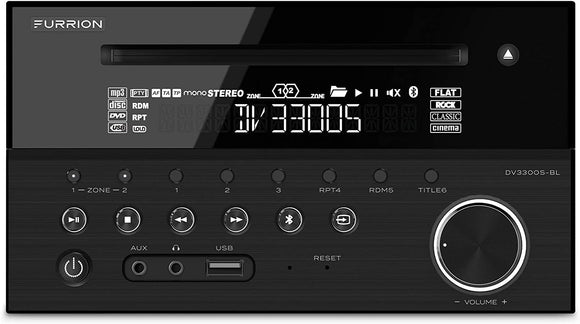 Furrion 120W 2-Zone Entertainment System with a Built-in DVD Player. Supports CD, DVD, MP3, WMA, MP4, AVI, AM & FM Radio with USB, Bluetooth 4.0, NFC & Mobile App connectivity - DV3300S-BL