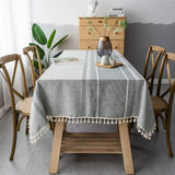 HPX HOME Solid Embroidery Striped Tassel Rectangle Heavy Weight Cotton Linen Dust-Proof Brown Tablecloths for Party Table Cover Kitchen Dinning Picnic Tabletop Decoration
