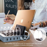 Hercules Tuff Charging Station for Multiple Devices (Silver) - 3 Short Type-C and 3 Short Micro USB Cables Included for Cell Phones, Smart Phones, Tablets, and Other Electronics