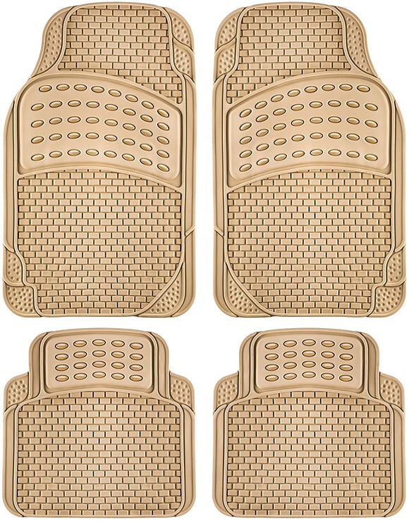 OxGord 4pc Rubber Floor Mats Universal Fit Front Driver and Passenger Seats and Rear - Car SUV Van and Truck - Brick Style - Beige